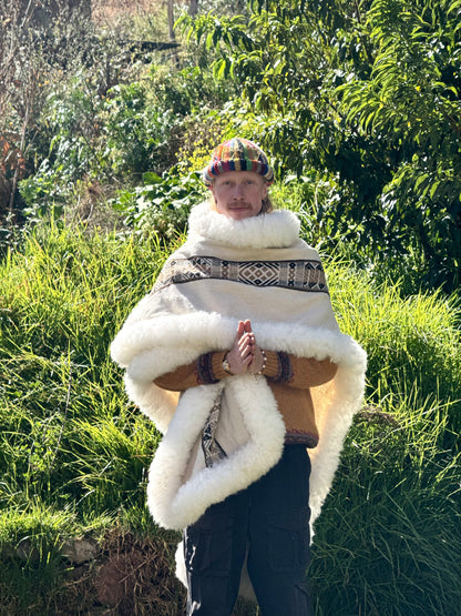 White with Brown & Black Stripe Handwoven Alpaca Cape