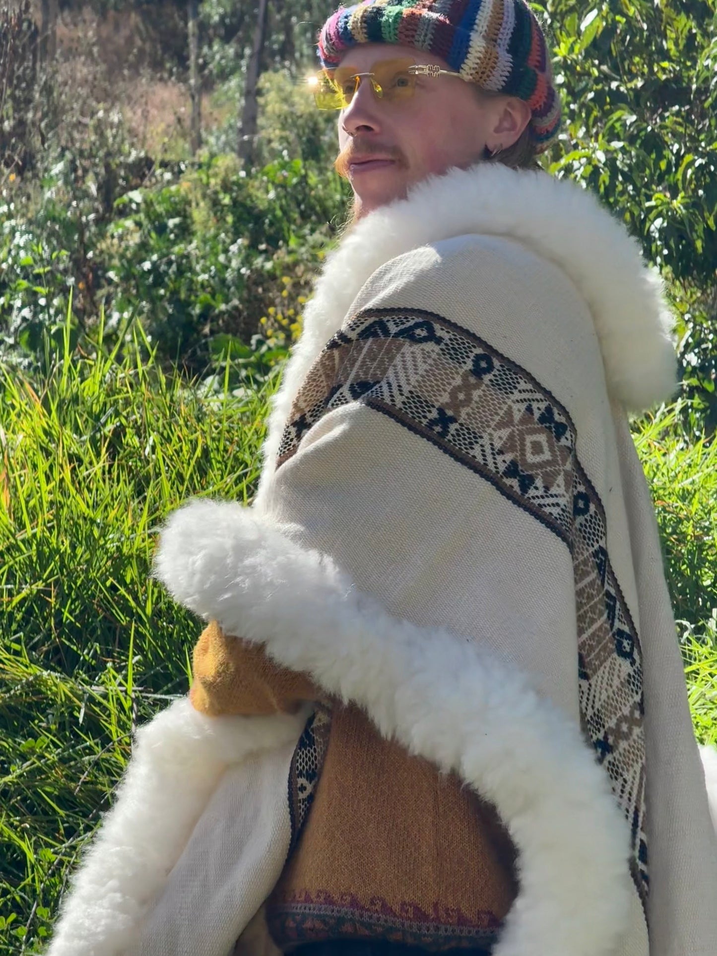White with Brown & Black Stripe Handwoven Alpaca Cape