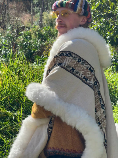 White with Brown & Black Stripe Handwoven Alpaca Cape