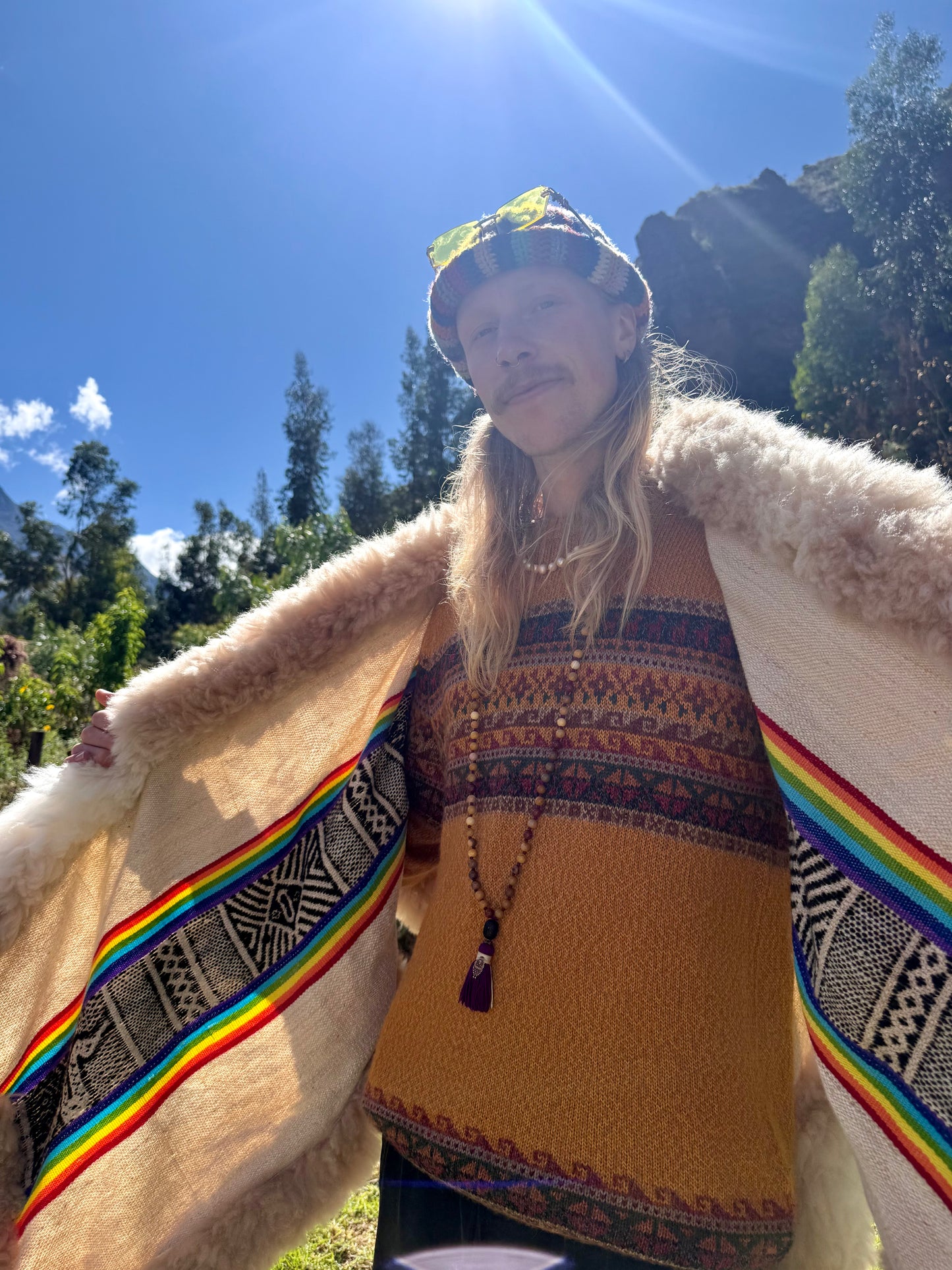 Cream & Rainbow Handwoven Alpaca Cape