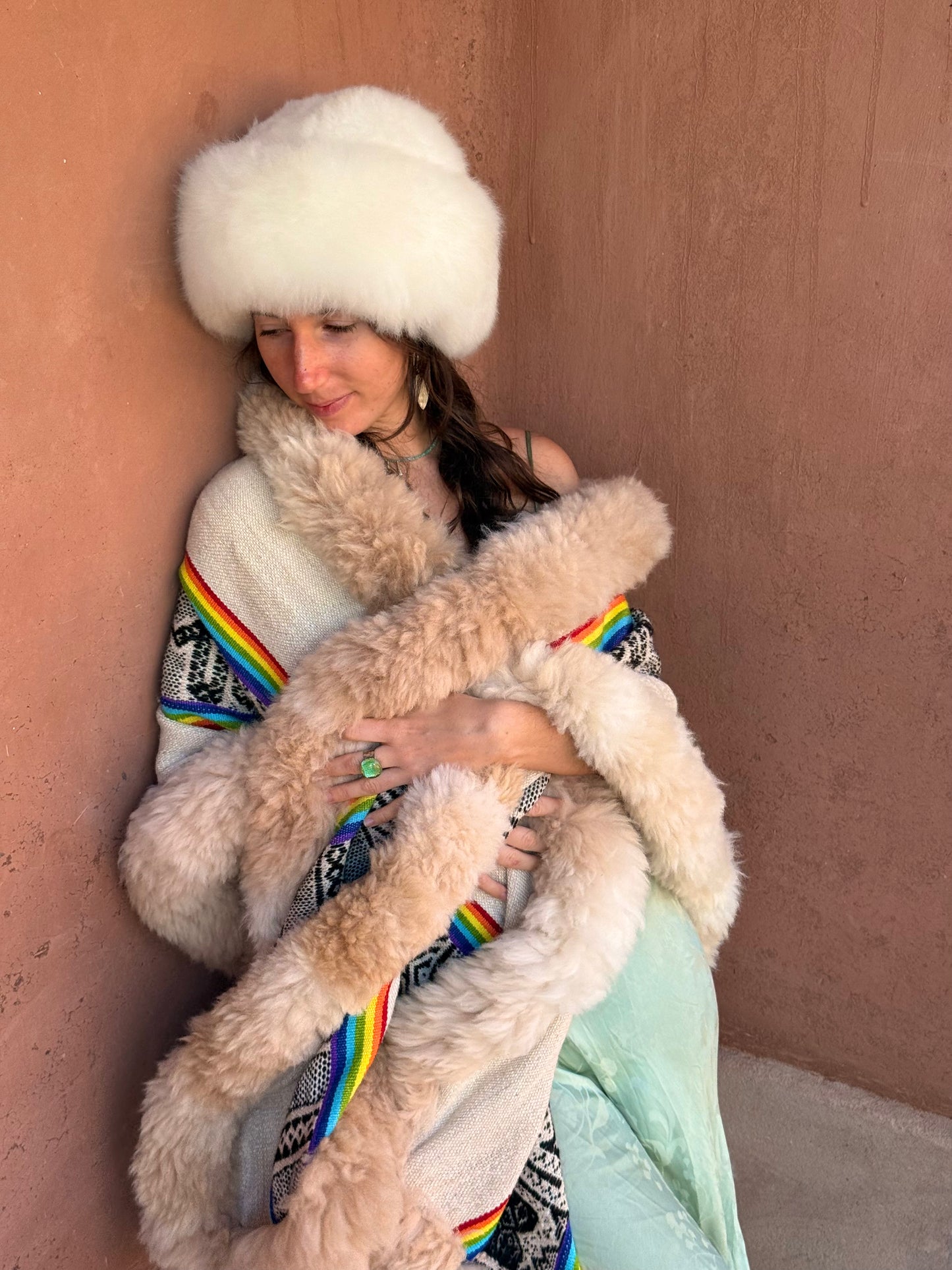 Cream & Rainbow Handwoven Alpaca Cape