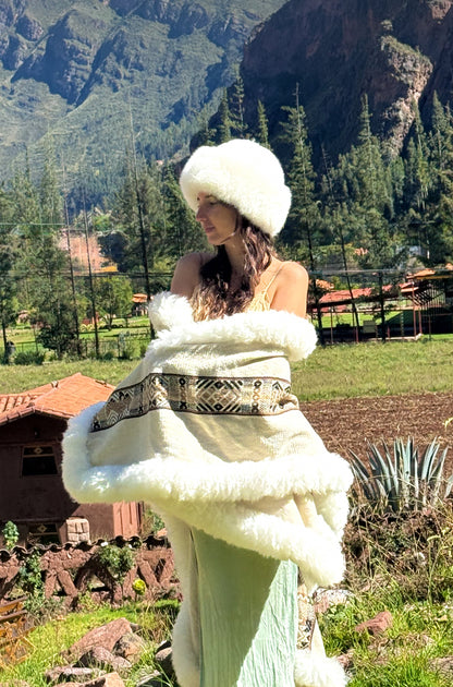 White with Brown & Black Stripe Handwoven Alpaca Cape